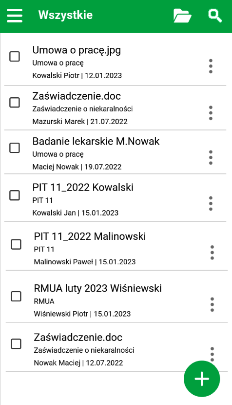 Widok listy rekordów w aplikacji mobilnej Symfonia eTeczka
