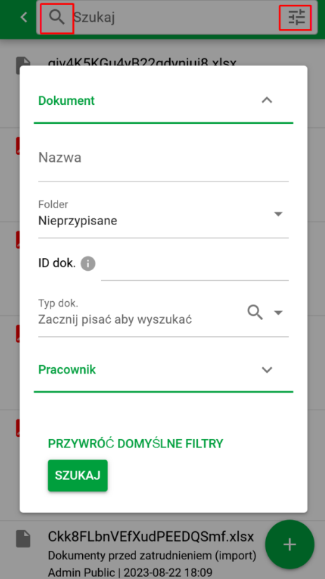 Okno filtrowania w aplikacji mobilnej Symfonia eTeczka