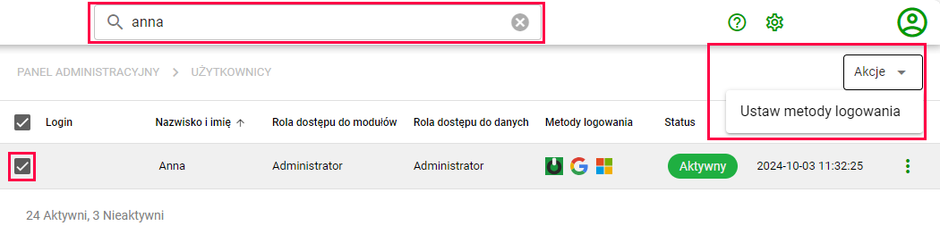 Lista użytkowników z wyszukiwarką pracowników