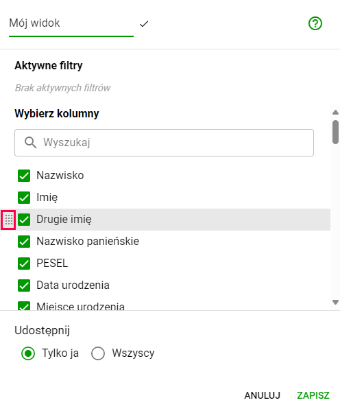 Ustawienia widoku z opcją udostępniania publicznego lub prywatnego