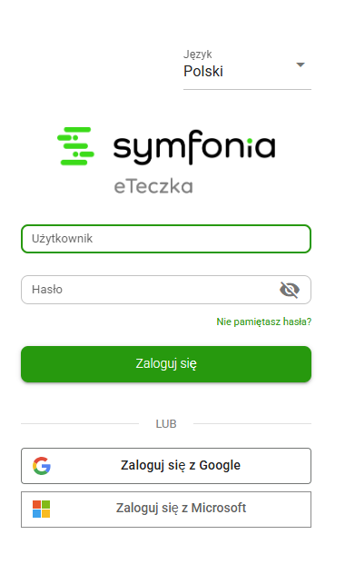 Formularz logowania do Symfonia eTeczka za pomocą konta eFOB
