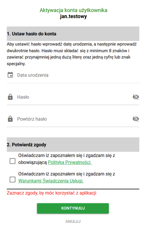 Formularz aktywacji z polem daty urodzenia oraz polami Hasło i Powtórz hasło