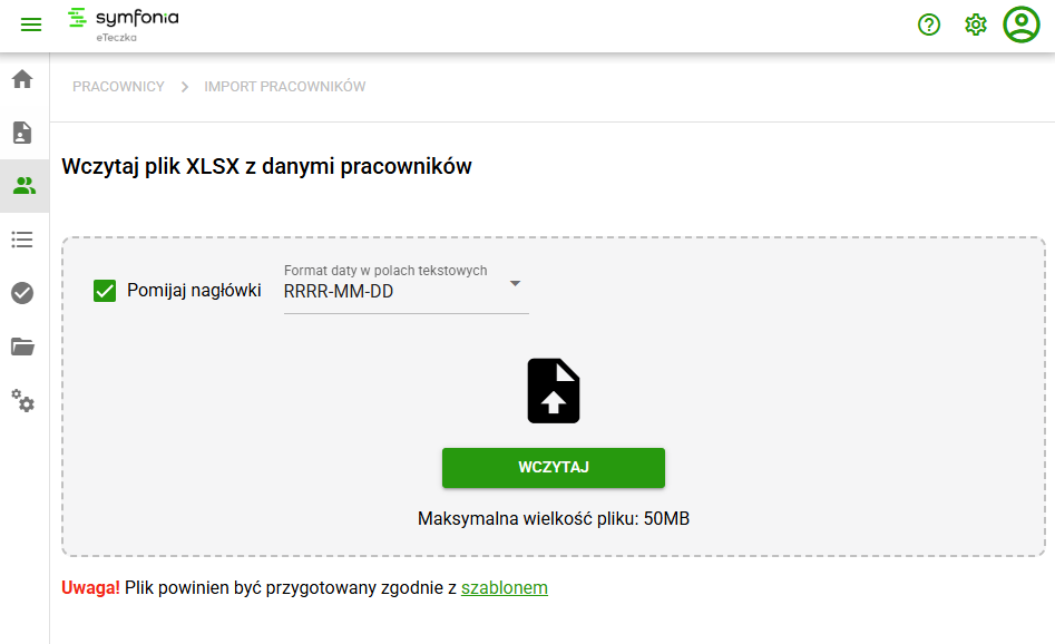 Okno importu z przyciskiem Szablon do pobrania wzoru pliku